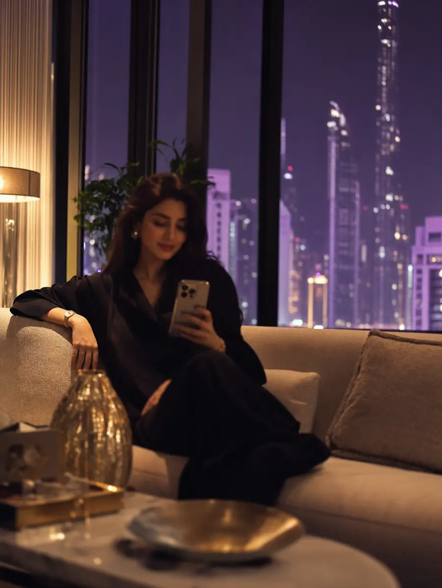 An elegant woman relaxes in a modern city penthouse at night, using her phone against a glittering skyline.