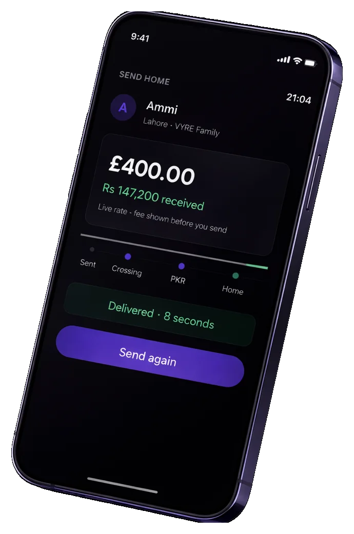 The VYRE app showing money delivered home to Ammi in 8 seconds, on a phone