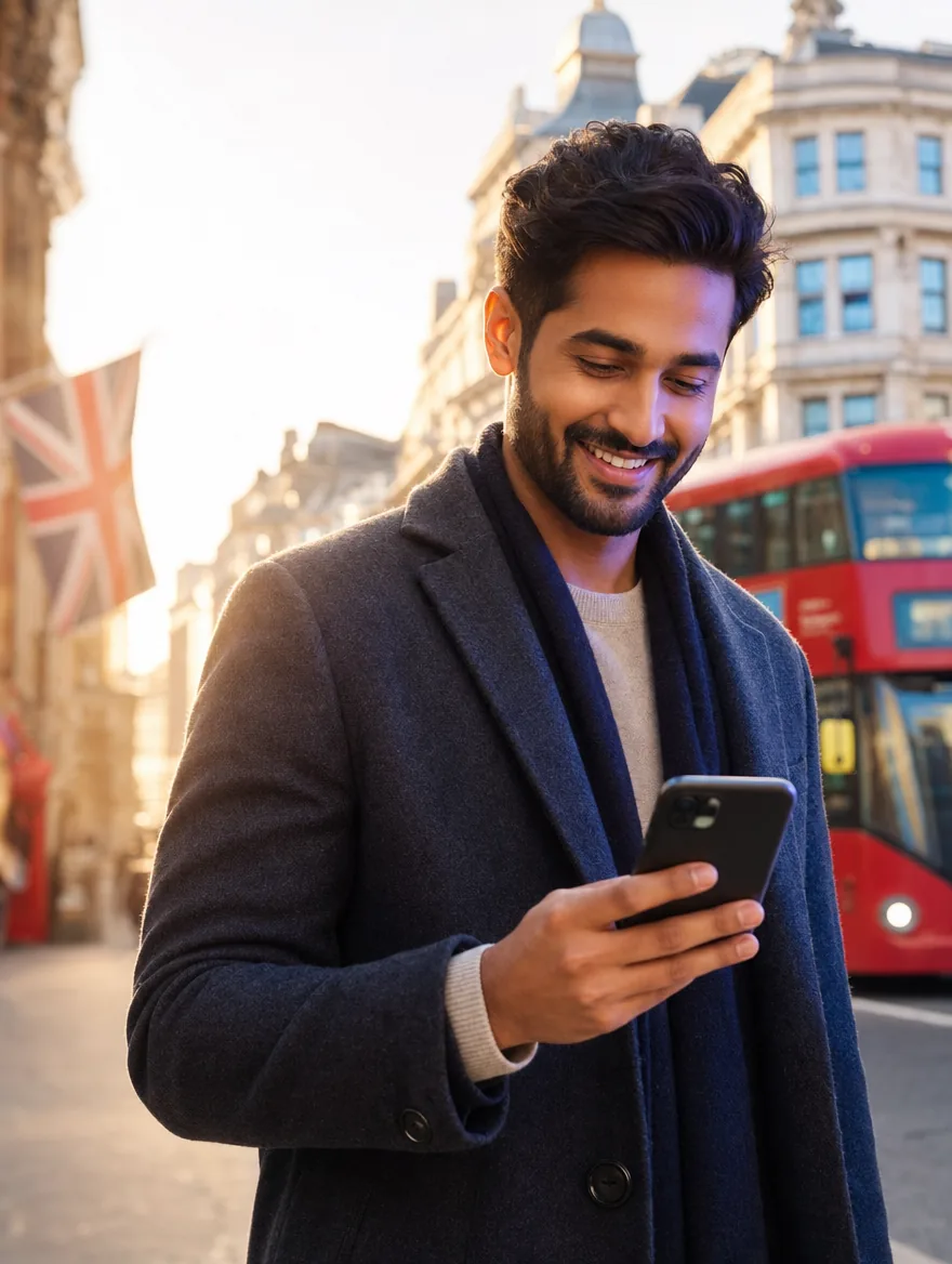 A cheerful young man smiles at his phone on a sunlit London street, a red double-decker bus behind him.