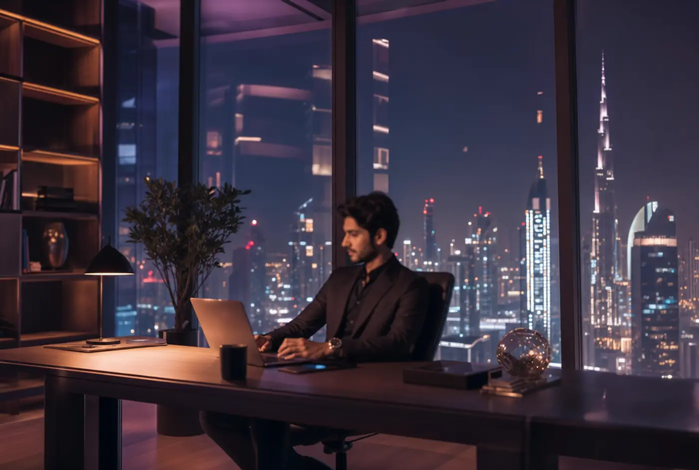 A young entrepreneur works late at a laptop in a sleek modern high-rise office, a lit city skyline behind the glass.